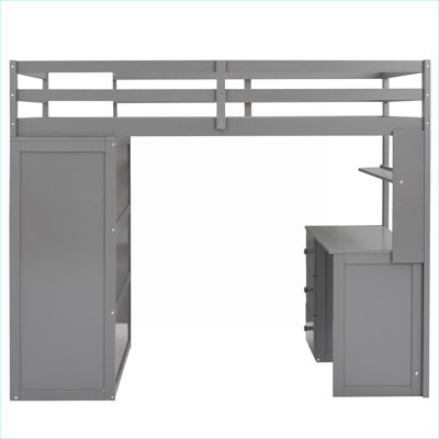 Small Bedroom Multi-Functional Solid Wood Twin Platform Loft Bed, Gray-Toned All-In-One Design With Integrated Desk Drawers and Wardrobe