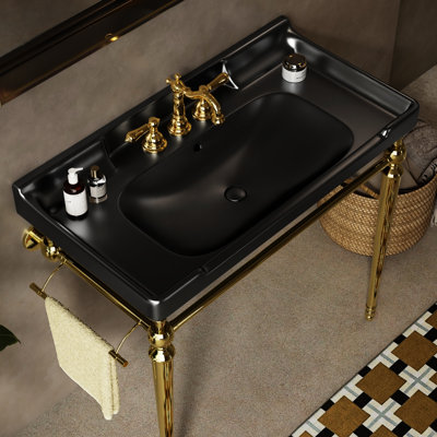 Lavabo de salle de bain 36 po en céramique, meuble-lavabo blanc avec 3 trous pré-percés, pieds robustes en acier inoxydable et barre à serviettes, robinet à console dorée robuste et sur rail, regardez dans cet article
