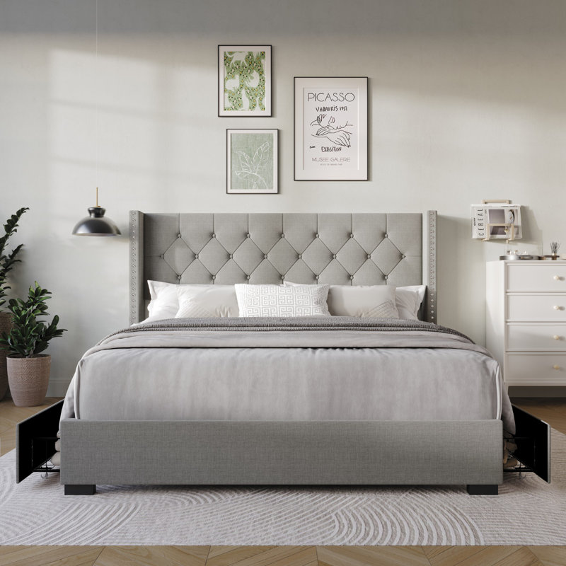 Sauger Upholstered Wingback Storage Bed, Full, Light Gray