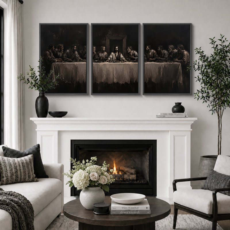 «Classic Classic Gathering At Long Table», art de la salle de prière, impression sur toile encadrée, 3 pièces, Cadre noir