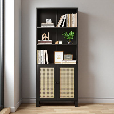 Tall Rattan Door Bookcase - 5 Tier Black Wood Bookshelf with Storage for Living Room, Bedroom, Home Office, Library