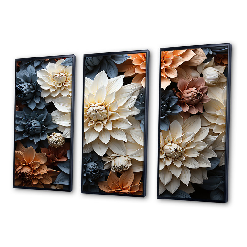 Mums In Stormy Grey Tones - Ensemble de décoration murale Mums, Cadre flottant noir, H 28 po x l 36 po x P 1 po