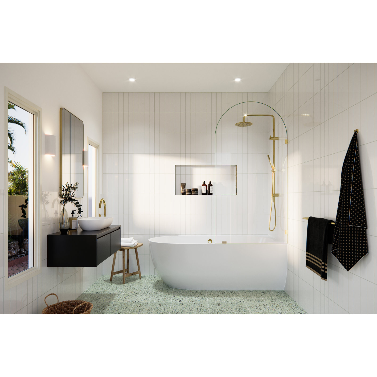 Venus Frameless Arched Fixed Bath Panel, Polished Brass