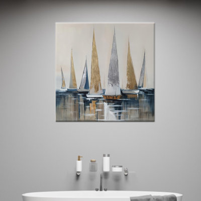 Printed Canvas: Modern Boat Wall Decor with Gold and Silver Sailboats,1P WhiteFramedCanvas