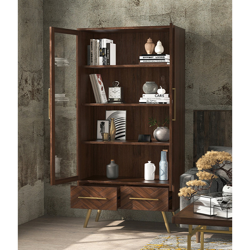 Bibliothèque Mid-Century moderne en bois de pin avec tiroirs, (4 tablettes) H 70,9 po x l 39,4 po x P 15,7 po