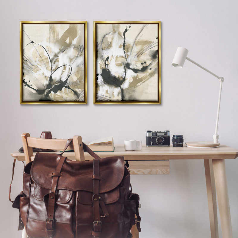 «Beige And Black Splatter» par June Erica Vess - 2 pièces, Cadre flottant métallique doré, H 31 po x l 25 po