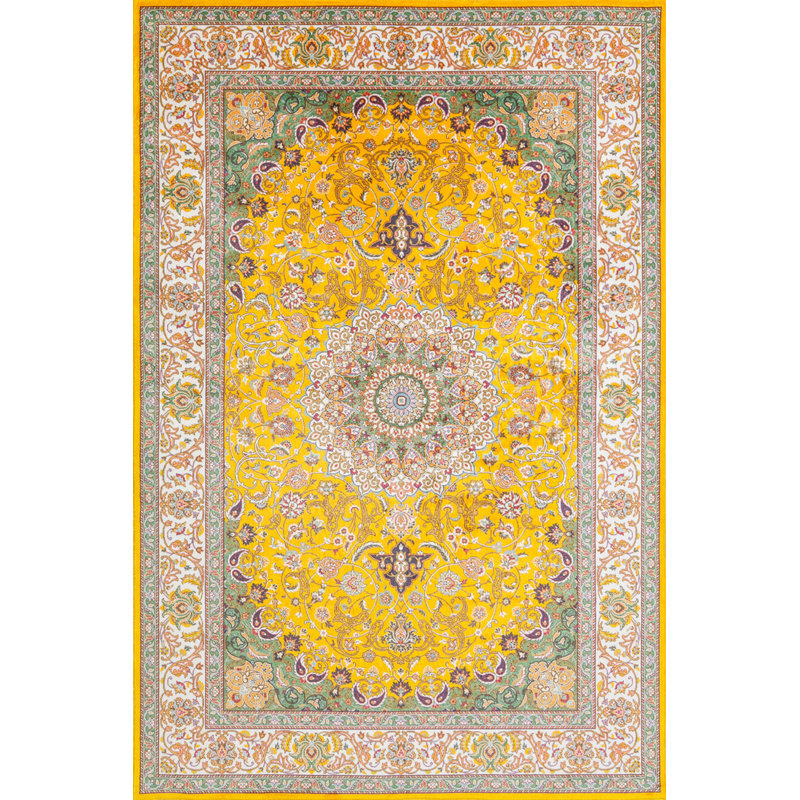 Tapis jaune jaune beige oriental en polyester tissé à la machine, Rectangle 2 pi 8 po x 5 pi