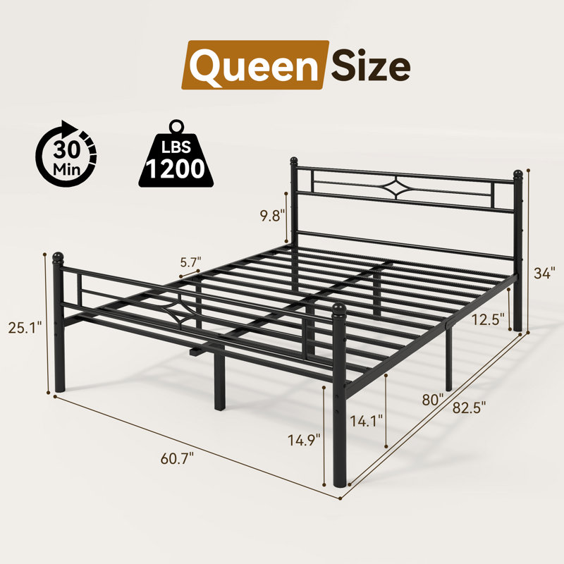 Vintage Metal Bed Frame With Elegant Headboard And Footboard, No Box Spring Needed, Noise Free, Queen
