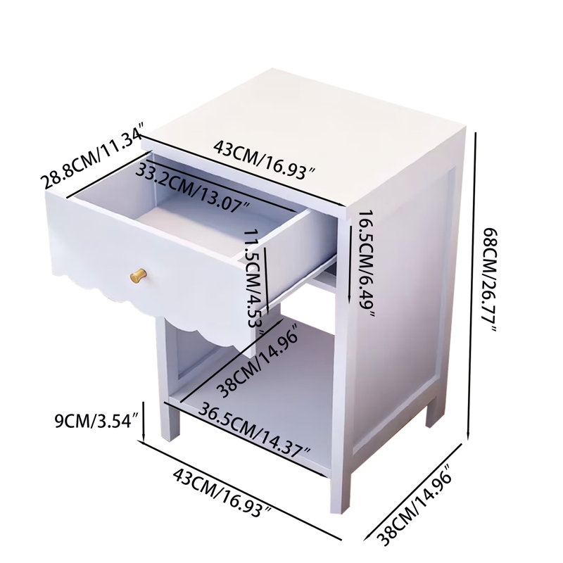 Table de chevet mauve à tiroir moderne avec tablette ouverte, bordure festonnée pour espace de rangement «Room, Compact and Polyvalent Cute Design»