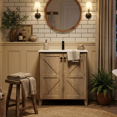 Ensemble de meuble-lavabo autoportant de 30 po de style américain, armoire de rangement en relief 3D avec plateau en céramique et portes à fermeture en douceur (gris antique / chêne doré)