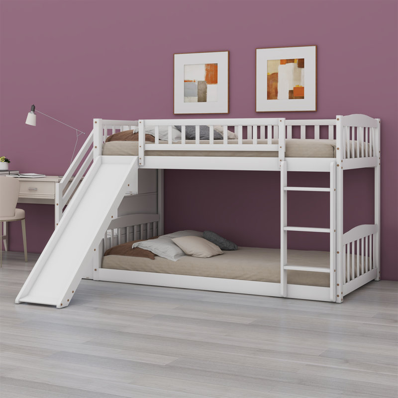Lit superposé avec escalier de rangement et glissade, Blanc