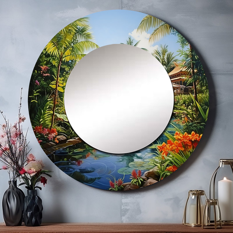 Sasa Bali Bliss Landscape II - miroir décoratif d'art asiatique, miroir mural rond global, impression d'art en métal