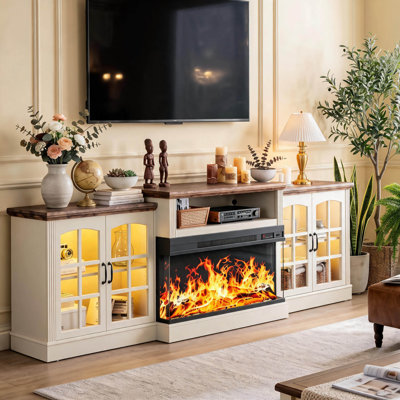 97" Farmhouse Fireplace TV Stand for TVs Up to 100"，Entertainment Centre with LED Lighting & Storage Cabinets, Large Media Console Table with 36" 3-Sided Glass Electric Fireplace ,White