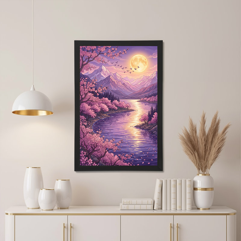 Art sur toile, fleurs de cerisier roses et montagnes mauves sous la lune, 18"H x 12"W