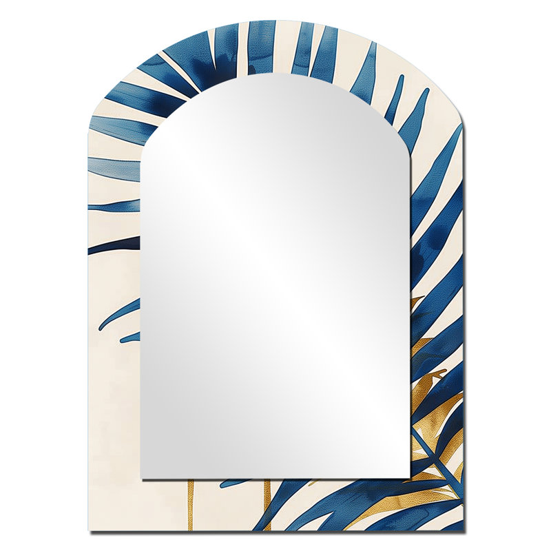 Bleu et doré feuilles de palmier I - miroir mural unique à arche bleue, miroir asymétrique traditionnel, impression d'art en métal