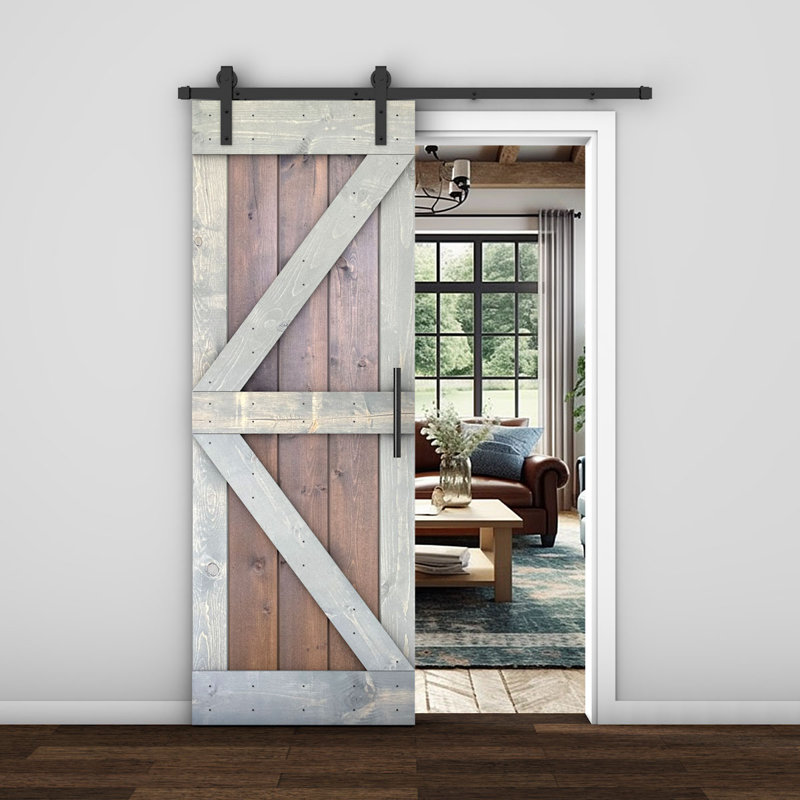 Porte de grange lambrissée peinte en bois et en métal, 30 po x 84 po, Chêne / gris