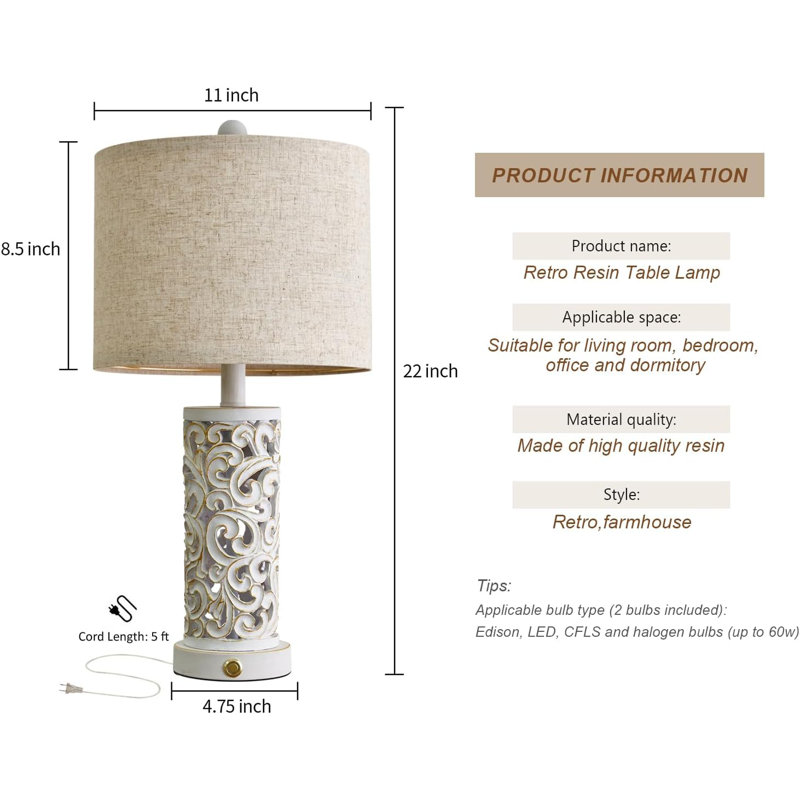 Vintage White Carved Base Table Lamp Set with Linen Shade
