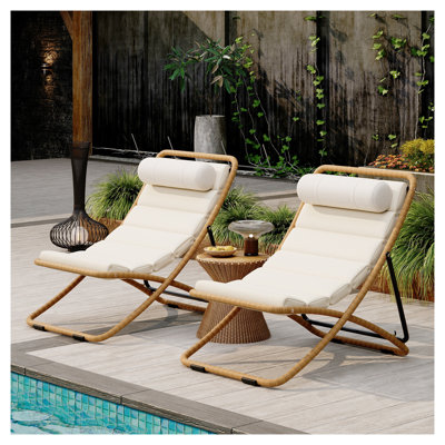 TREXM 2-Piece Outdoor Folding Lounge Chairs, Rattan-Wrapped Adjustable Patio Chaise Lounges with Thick Cushions & Detachable Headrests for Poolside, Deck & Beach