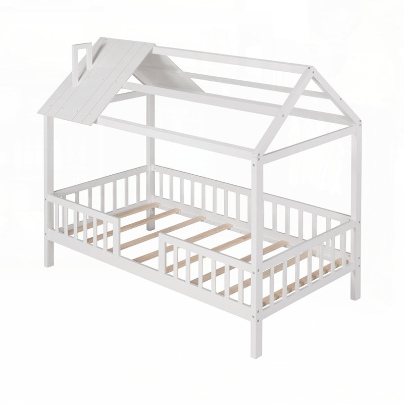 Lit en bois avec clôture et maisonnette en bois, idéal pour un espace de sommeil confortable et amusant, Blanc