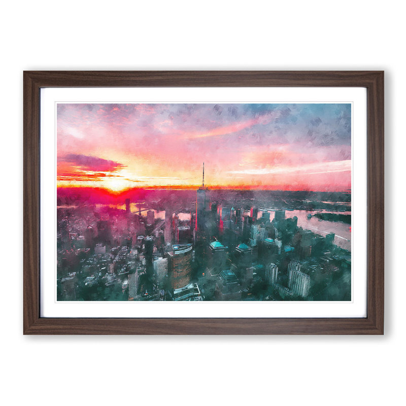 Sunset over New York City - Picture Frame Painting Print, 24cm H x 33cm W x 2cm D, Walnut Framed