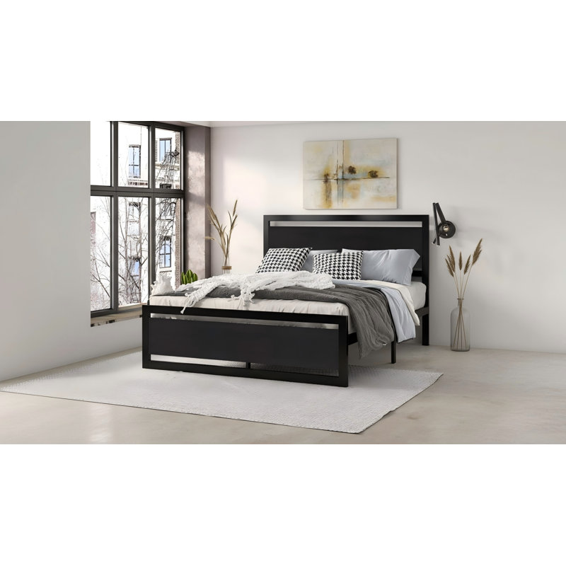 Queen Size Bed Frame With Modern Headboard, Heavy Duty Platform Metal Base, Square Footboard, 13 Sturdy Slats, No Box Spring Needed, Black