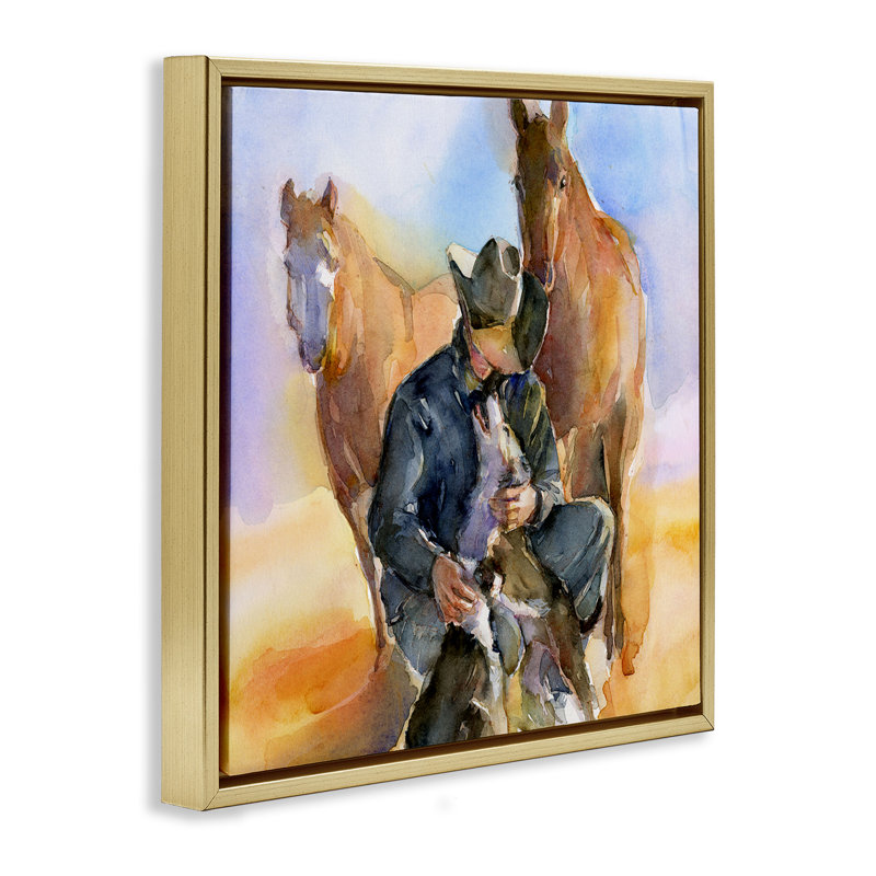 Cowboy et animaux à l'aquarelle, H 18 po x l 18 po, Cadre flottant métallique doré
