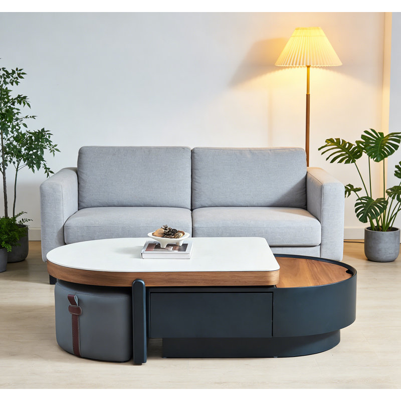 Extendable Oval Coffee Table with Hidden Storage & 2 Nesting Leather Stools, Modern Sliding Top Accent Table with Flip-Top Compartment & Drawer, Wood & Stone Top Center Table for Living Room