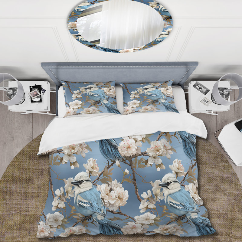 Ensemble de housse de couette à motif floral White and Blue Bird Floral Serenade II