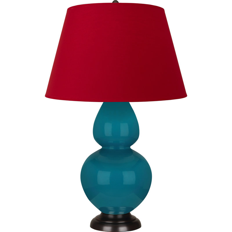 Lampe de table double gourde en céramique, Paon glacé / bronze, Blanc cassé, Bronze