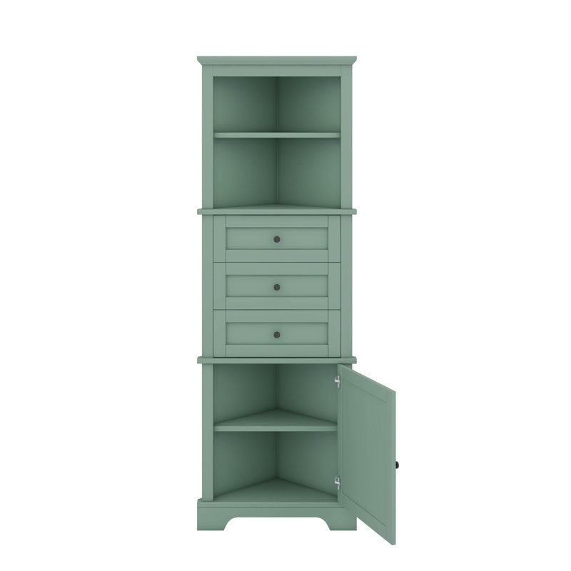 Armoire de coin triangulaire avec trois tiroirs et tablettes réglables, Vert