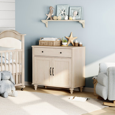 Commode pour chambre de bébé Scarlett avec portes en bois, commode pour enfants avec commode à large tiroir, rangement pour garde-robe moderne en bois de style Mid-Century, petite commode pour le salon, chambre de bébé, couloir, beige