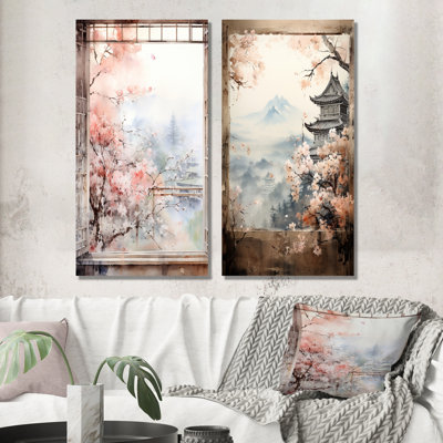 «Pink Floral Vintage Japanese Panorama I», ensemble de 2 reproductions d'art en métal japonais
