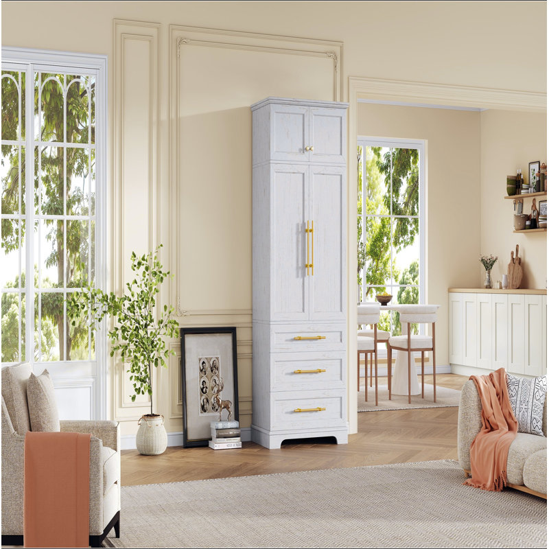 Armoire de cuisine de campagne de 78,2 po de hauteur avec 8 tablettes de porte, armoire de rangement avec 3 tablettes réglables, 3 grands tiroirs, armoire polyvalente pour la cuisine, la salle à manger et la salle de bain