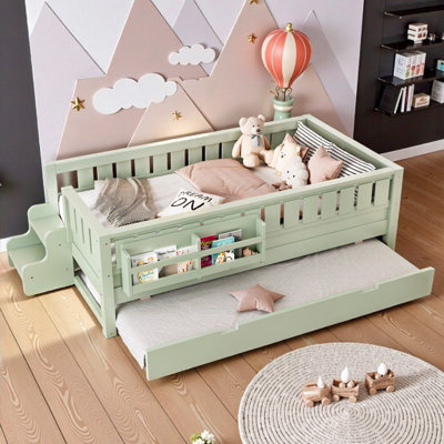 Lit d'enfant simple ludique avec tablettes intégrées, escalier de sécurité et couchette gigogne, conception peu encombrante