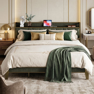 King Bed Frame with Upholstered Storage Headboard & Charging Station