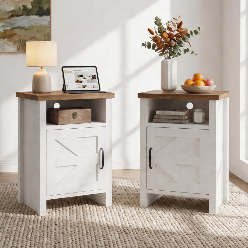 Table d'appoint de style champêtre avec armoire de rangement pour salon, White, 2