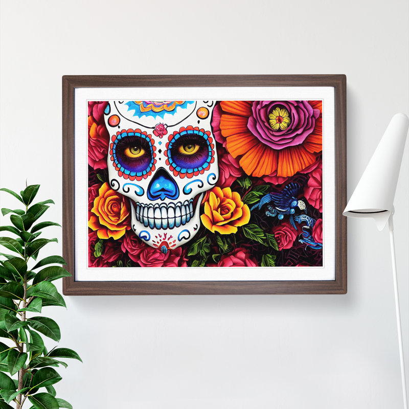 Shining Floral Sugar Skull - Framed Print, 25cm H x 34cm W x 2cm D, Walnut