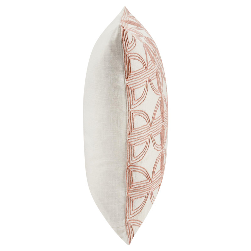 Baia 14x26 Embroidered Belgian Linen Fabric Natural Throw Pillow, 22"H x 22"W, Pink;Ivory Geometric, Square