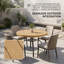 Table de salle à manger ronde à lattes en faux bois avec trou pour parasol, plateau en grain de bois réaliste et structure en fer