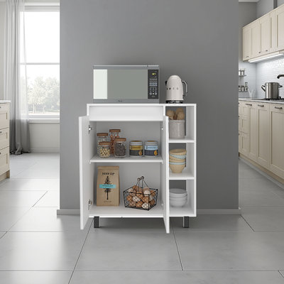 Garde-manger moderne autoportant blanc avec rangement à 2 portes, 3 tablettes latérales ouvertes et surface pour micro-ondes, optimisé pour les salles à manger, matériau en panneau de particules, hauteur compacte de 37,24 po
