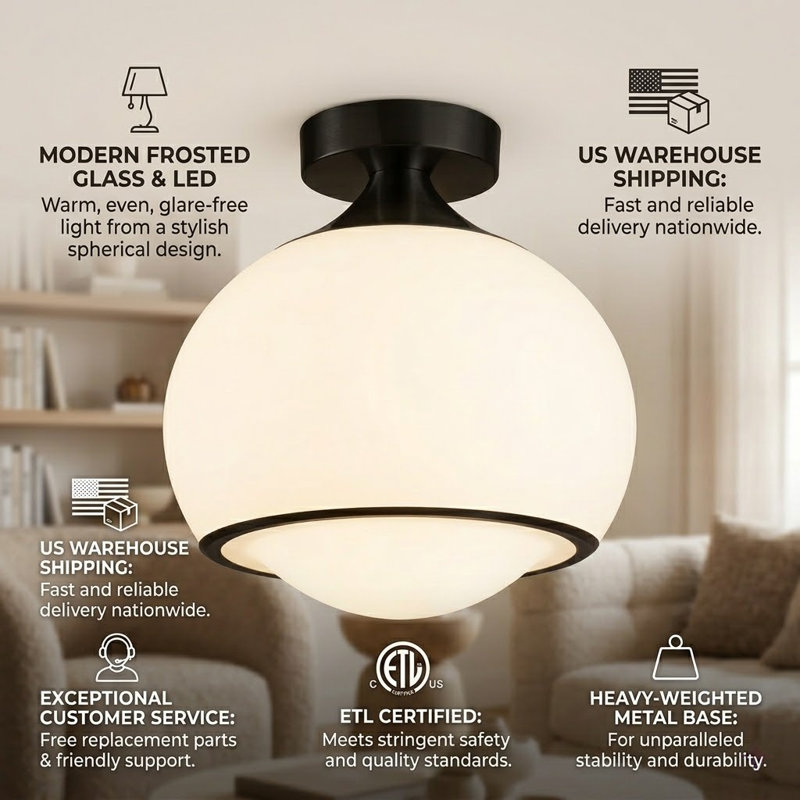 1-Light Mid-Century Modern Dimmable 3Cct Led Milk White Globe Flush Mount Ceiling Light For Corridor/Stairwell, 14 W