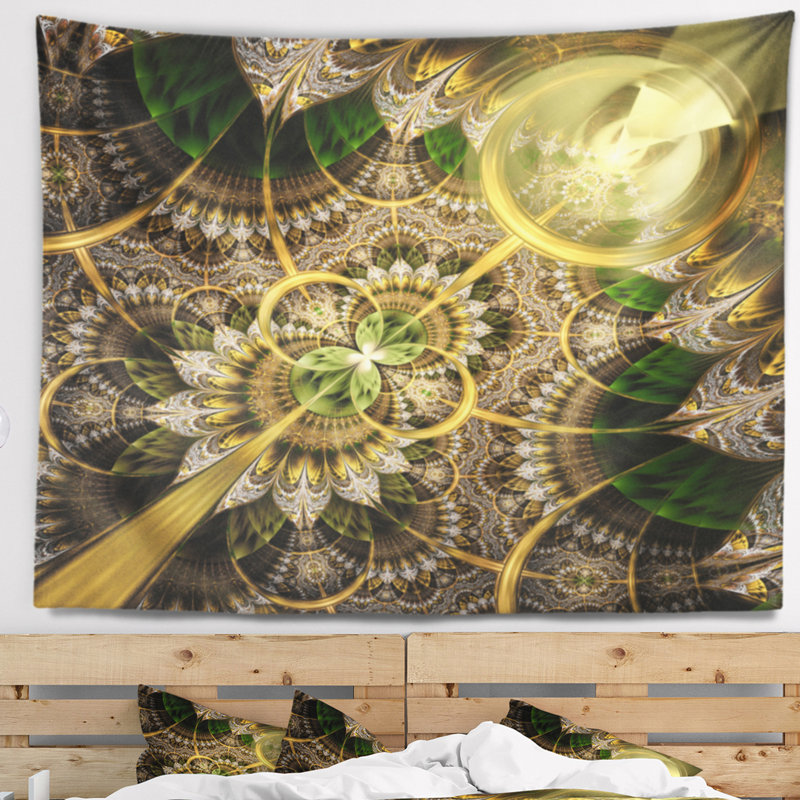 Tapisserie florale florale vert foncé et fractale dorée, H 32 po x l 39 po