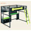 Lit mezzanine en bois pleine grandeur avec bureau, tablettes, lumières DEL, ports USB et panneau perforé personnalisable, noir et vert