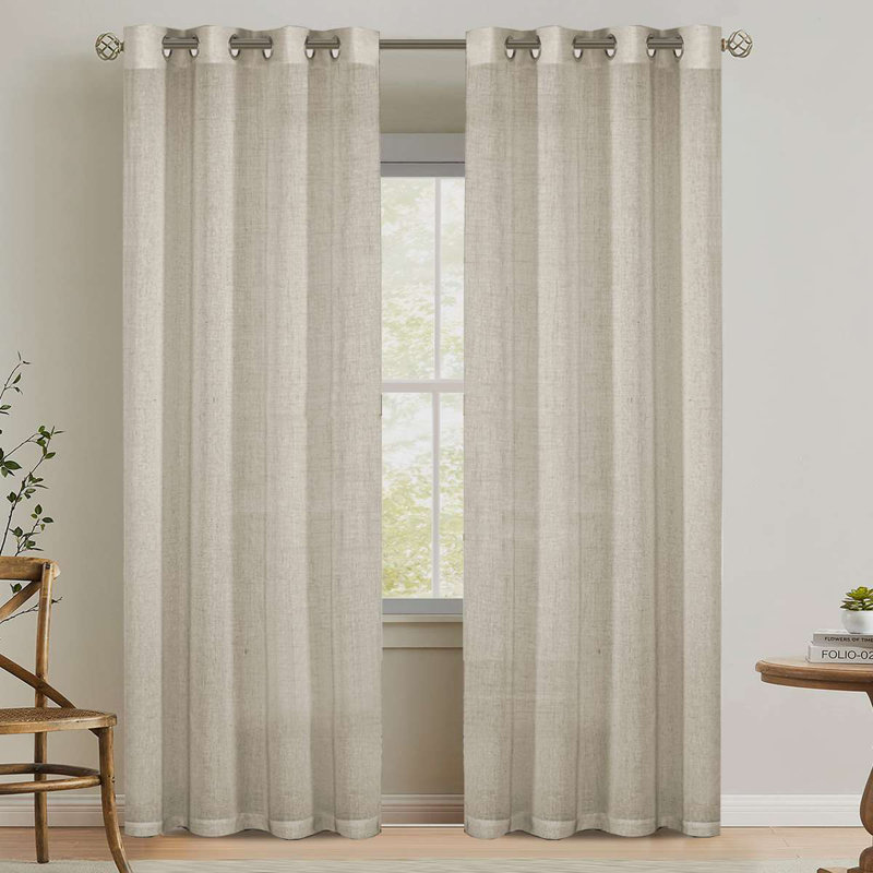 Linen Grommet Curtains for Living Room 2 Panel Drape Semi Sheer Neutral Country Rustic Farmhouse Boho Curtain Bedroom Muslin Look Light Filtering