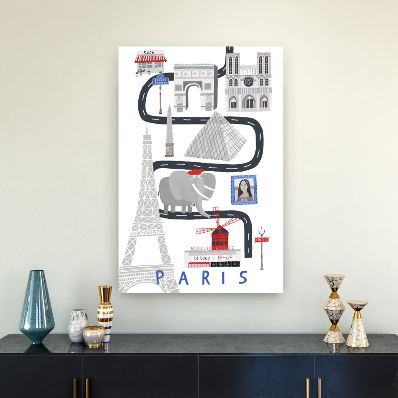 Whimsical Paris Landmarks Abstract Elephant City Architecture Wall Art Print 1 Piece Wrapped Canvas Wall Art