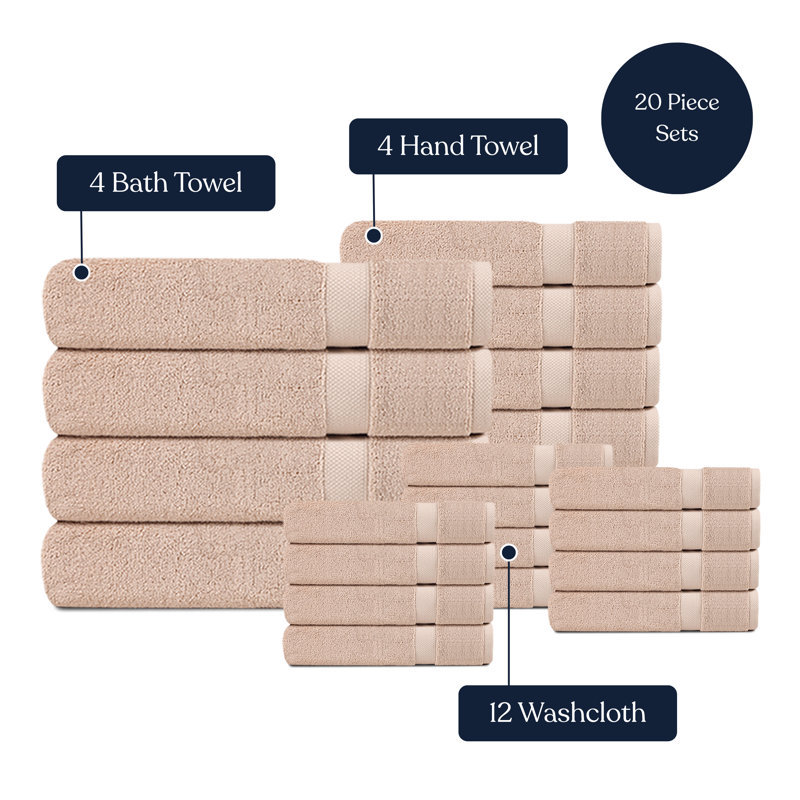 Delara Organic Cotton Plush Towel Set of 20, GOTS & OEKO-TEX Certified, 650 GSM, Soft, Quick-Dry, Absorbent, Hotel Quality