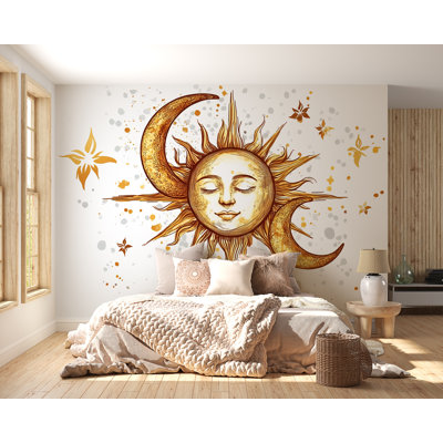 Adhésif mural céleste céleste soleil et lune - Boho or au-dessus du lit au-dessus de la chambre à coucher, décalque mural 065Mv