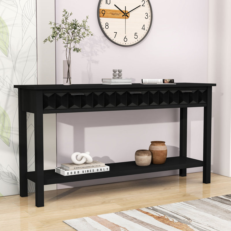 Console rustique en nid d'abeille avec 3 tiroirs de rangement et tablette ouverte, Noir