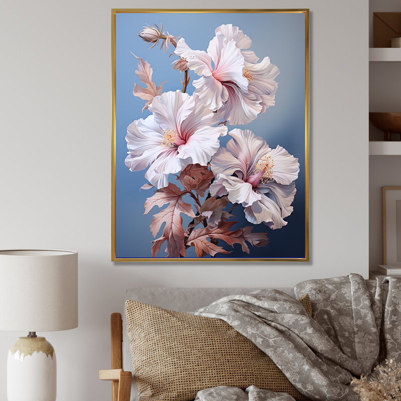 Doux rose hibiscus bouquet de fleurs encadré sur toile, Cadre flottant doré, H 40 po x l 30 po x P 1,5 po