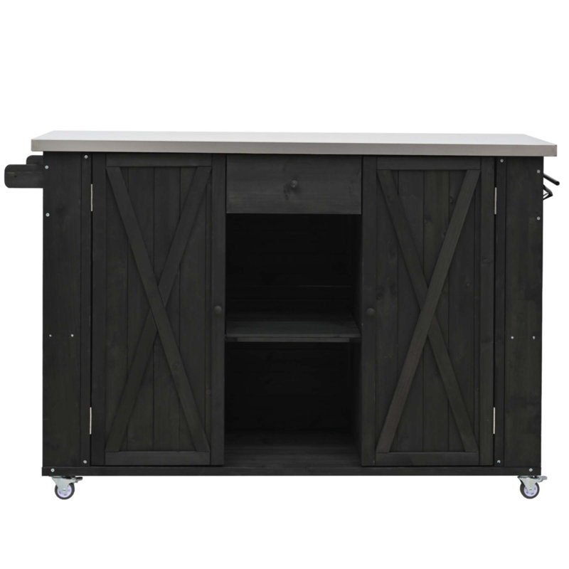 Outdoor Kitchen Island Fir Wood Kitchen Island With Stainless Steel Top, Black